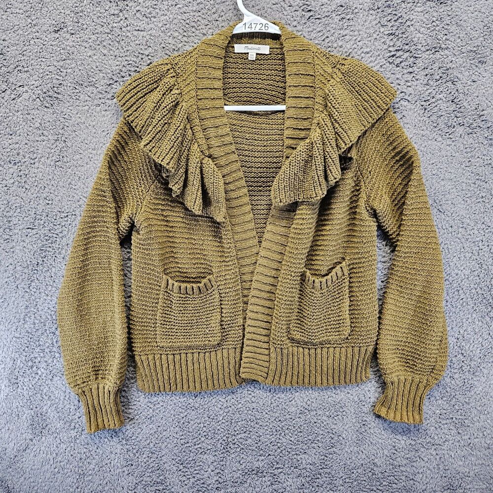 Madewell Ruffle Sweater Cardigan Women 2XS Green Open Chunky Knit‎